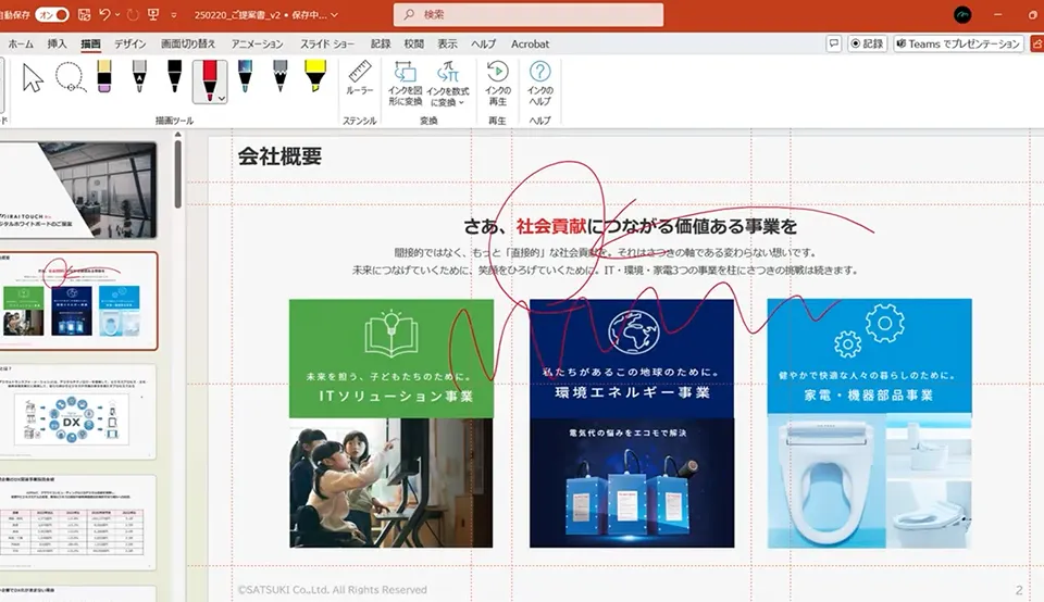 PowerPointスライドに手書きで赤と緑の線が加えられている編集画面。