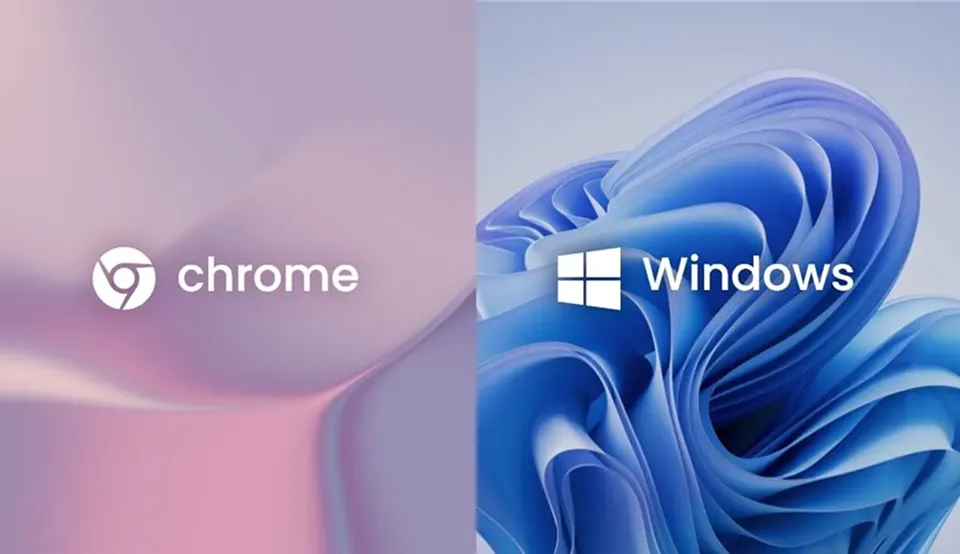 ChromeとWindowsのロゴが左右に並んで表示された背景画像。