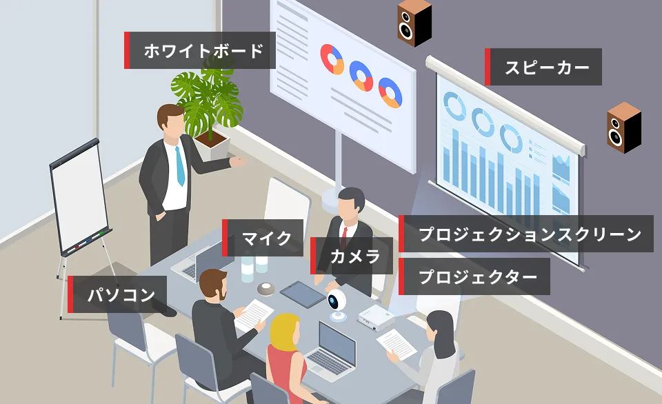 会議テーブルに紙の資料とノートPCが並び、参加者が資料を見ながら話し合っている様子。