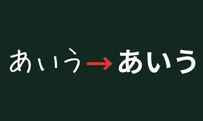 OCR機能の説明画像（手書きのあいうを、ゴシック体のテキストに変換）