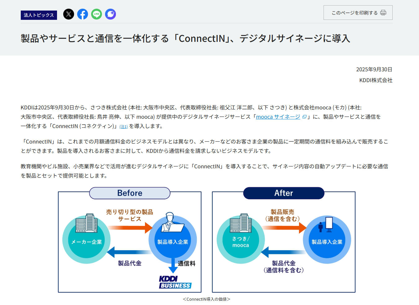 KDDI BUSINESS公式サイト「法人トピックス」にて『mooca サイネージ